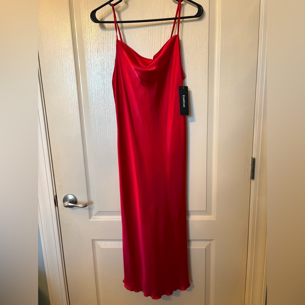 Bebe Red Satin Cowl Neck Dress